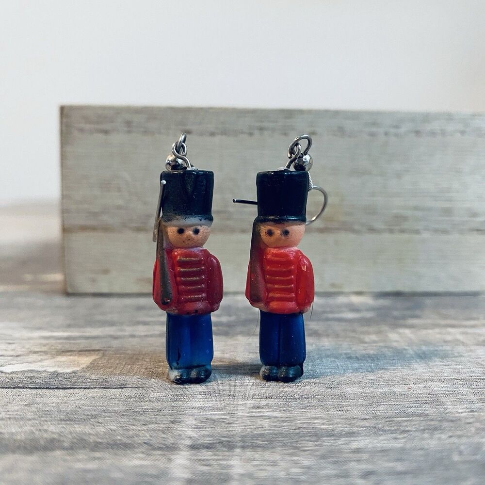 Vintage Christmas Miniature Blow Mold Toy Soldier Dangle Earrings
